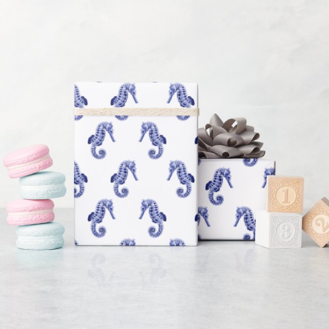 Cute blue white seahorse  wrapping paper (Baby Shower)