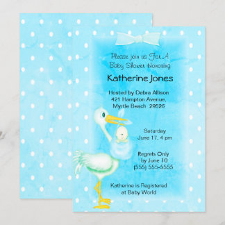 Cute Blue White Stork Baby  Boy Shower   Invitation