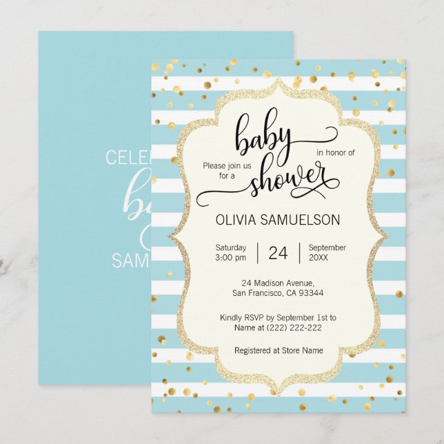 Cute Blue White Stripes Gold BOY Baby Shower Invitation (Front/Back)