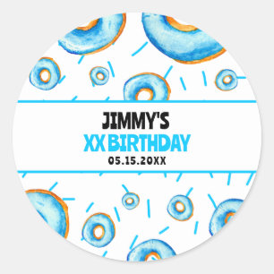 Cute Blue & White Watercolor Doughnut Boy Birthday Classic Round Sticker
