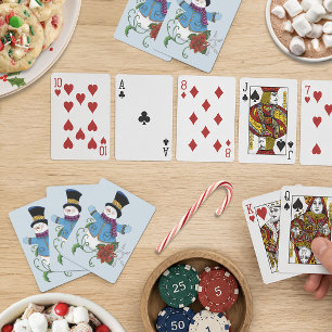 Cute Blue Winter Snowman Poinsettia Christmas Playing Cards