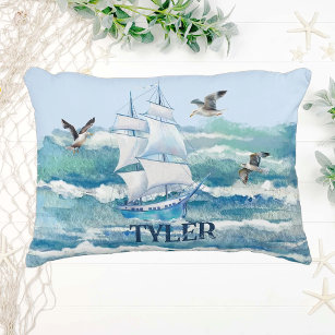 Cute Blue With Name Sail Away  Accent Pillow