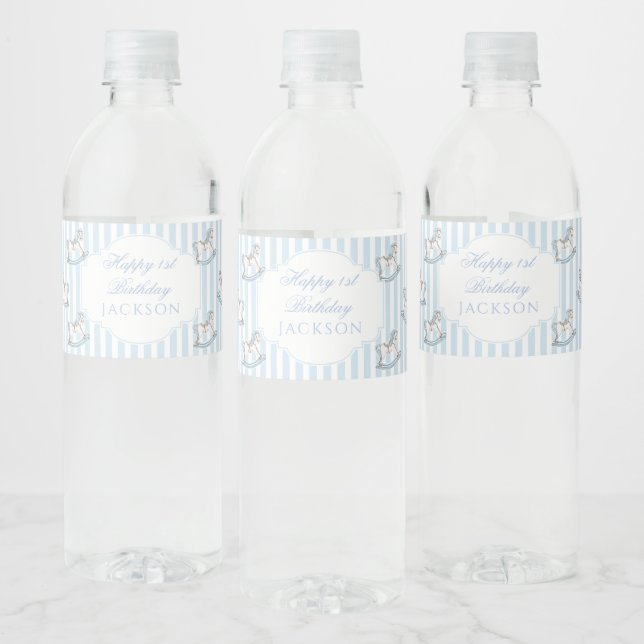 Cute blue wooden rocking horse birthday boy water bottle label (Bottles)