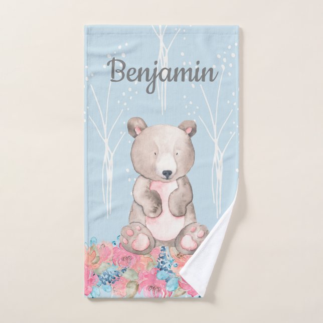 Cute Blue Woodland Ours Baby Nursery (Serviette à main)