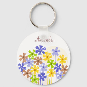Cute blue yellow brown simple flower drawing name  keychain