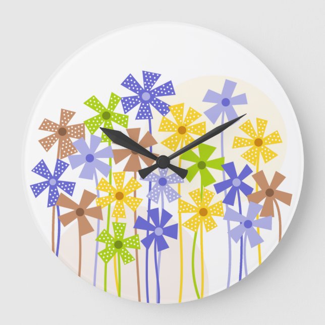 Cute blue yellow brown simple flowers drawing large clock (Front)