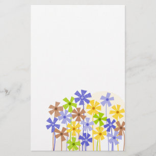 Cute blue yellow brown simple flowers drawing  stationery