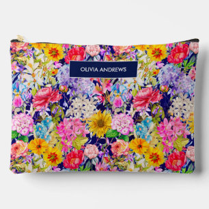 Cute blue yellow elegant Floral pattern monogram Accessory Pouch