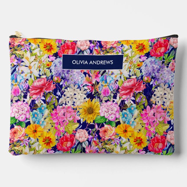 Cute blue yellow elegant Floral pattern monogram Accessory Pouch (Front)