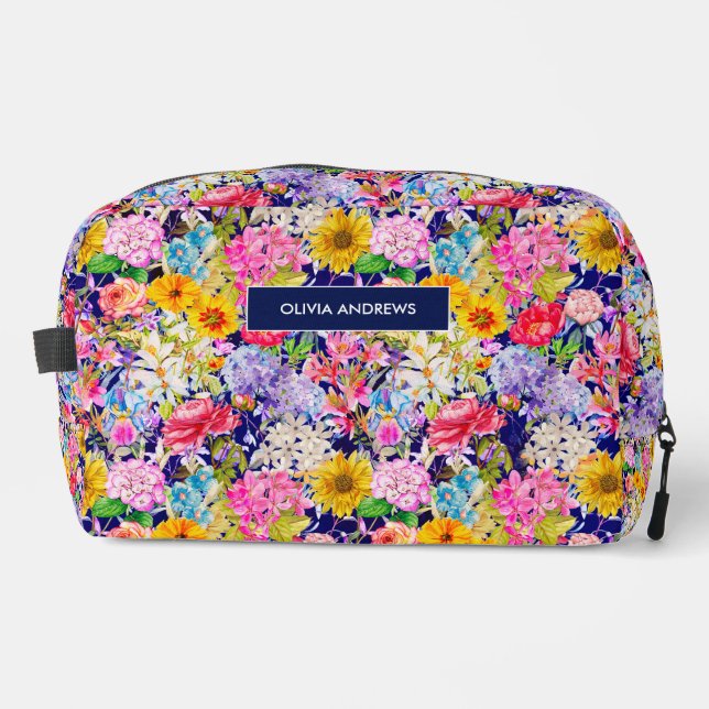 Cute blue yellow elegant Floral pattern monogram Dopp Kit (Front)