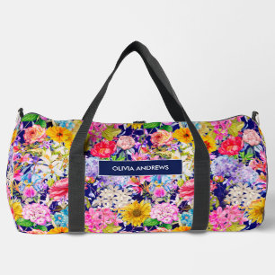 Cute blue yellow elegant Floral pattern monogram Duffle Bag