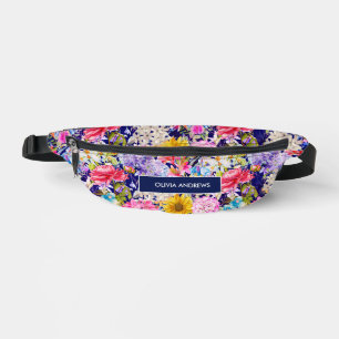 Cute blue yellow elegant Floral pattern monogram Fanny Pack