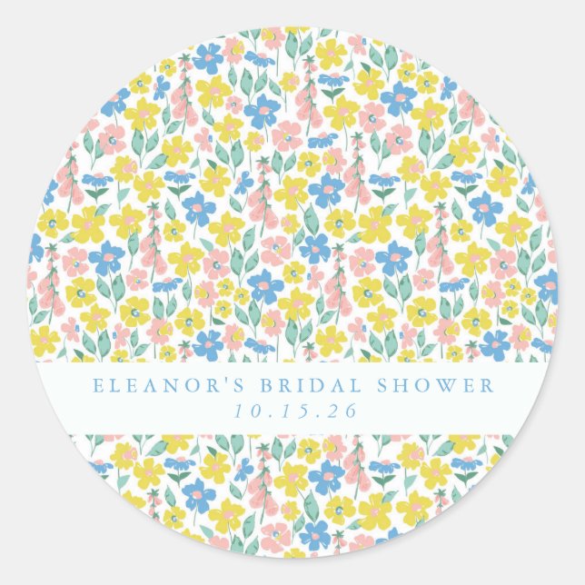 Cute Blue Yellow Floral Custom Bridal Shower  Classic Round Sticker (Front)