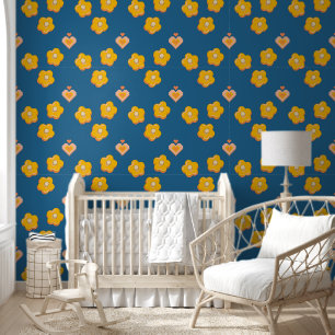 Cute Blue Yellow Flowers and Hearts Floral Home Wallpaper
