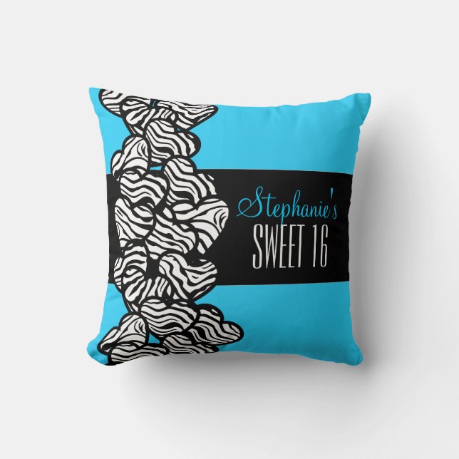 Cute Blue zèbre coeur doux 16 Coussin d'anniversai (Recto)