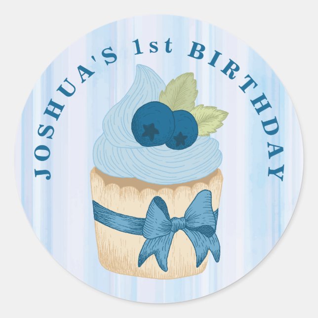 Cute Blueberry Cupcake Birthday Celebration  Classic Round Sticker (Front)