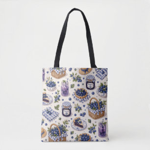 Cute Blueberry Picnic Cottagecore Gingham Summer Tote Bag