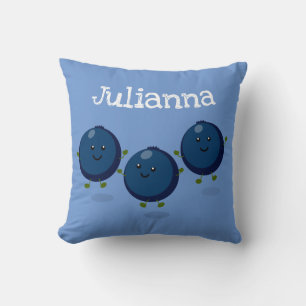 Cute blueberry trio cartoon illustration throw pillow