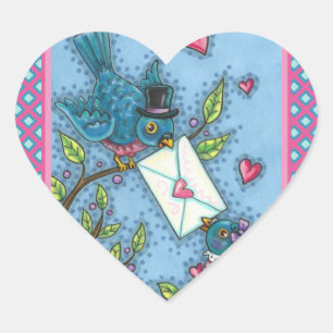 CUTE BLUEBIRD SWEETHEARTS, LOVE BIRD VALENTINE HEART STICKER
