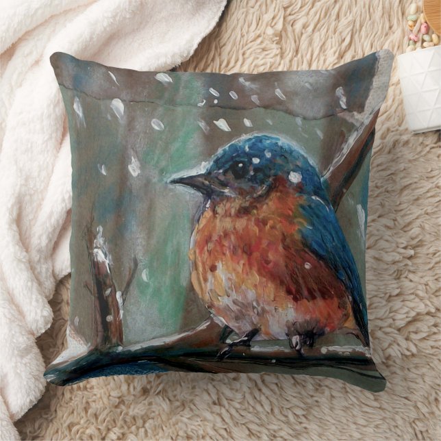 Cute Bluebird Winter Art Throw Pillow (Blanket)