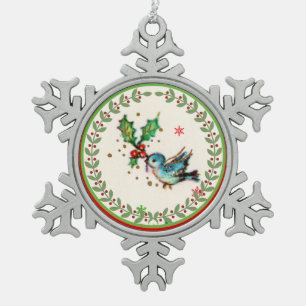 Cute Bluebird with Green and Red Holly Snowflake Pewter Christmas Ornament