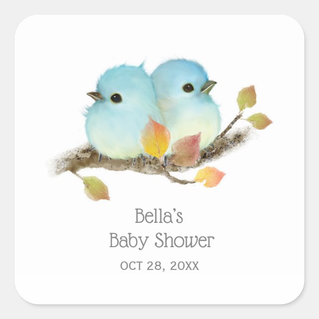 Cute Bluebirds Bird Baby Shower Square Sticker (Front)