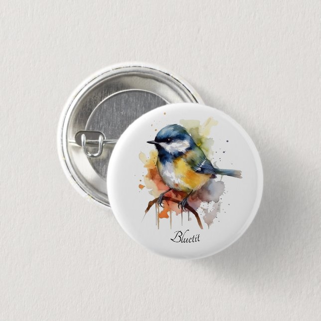 Cute Bluetit on a Branch, custom 1 Inch Round Button (Front & Back)