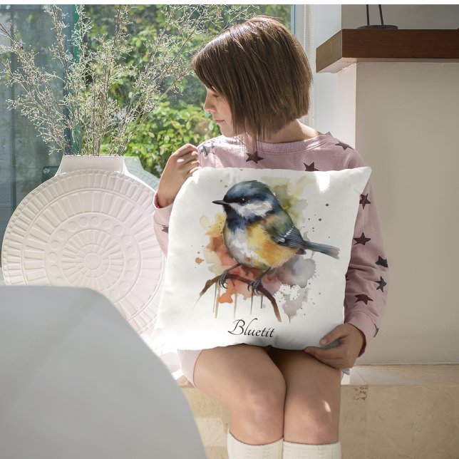 Cute Bluetit on a Branch, custom Throw Pillow (Creator Uploaded)