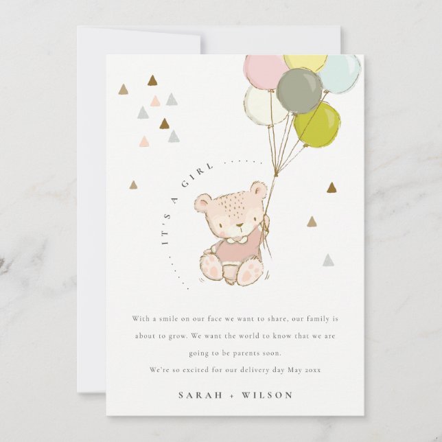 Cute Blush Bear Balloon Baby Announcement Card (Front)
