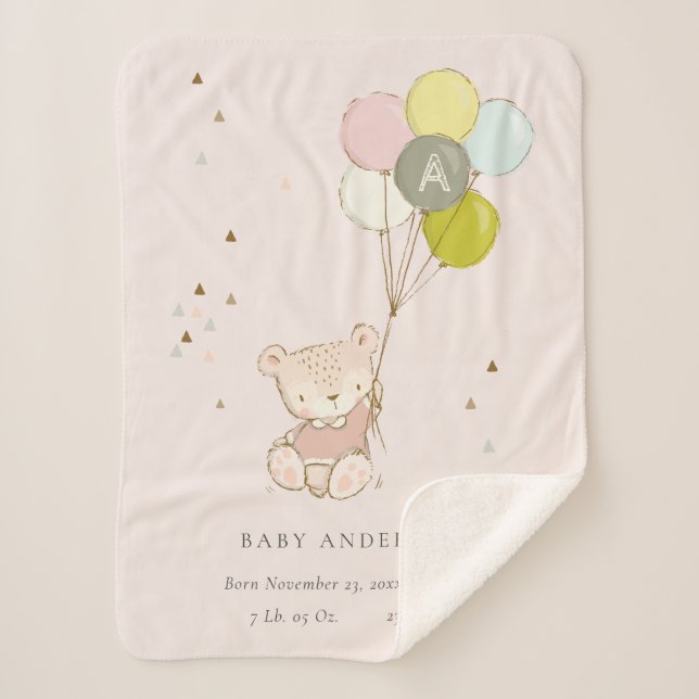 Cute Blush Bear Balloon Girly Monogram Baby Stat Sherpa Blanket (Front)