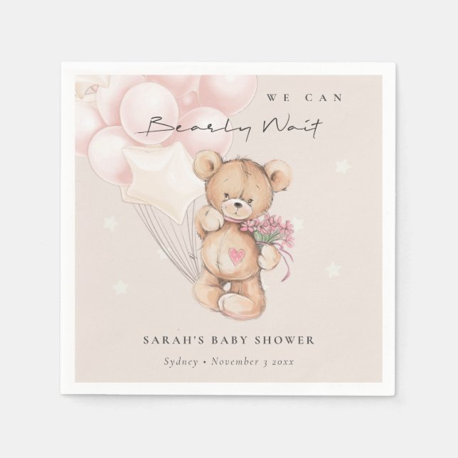 Cute Blush Bearly Wait Bear Balloon Baby Shower Napkin (Front)