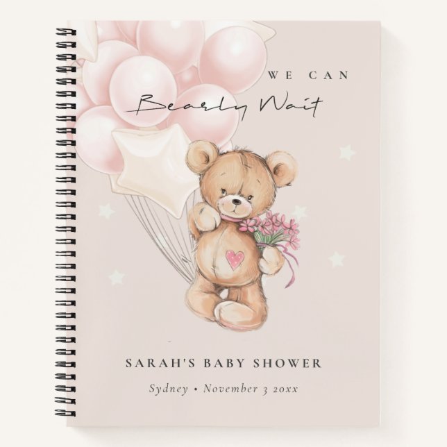 Cute Blush Bearly Wait Bear Balloon Baby Shower Notebook (Front)