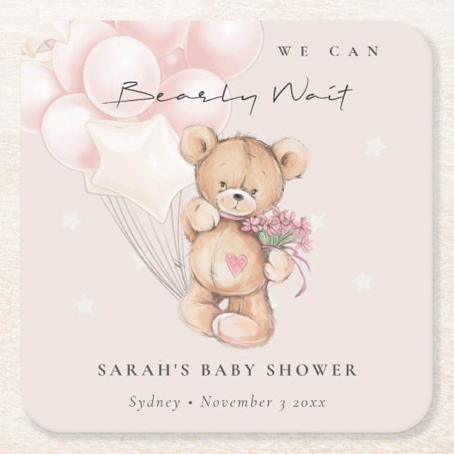 Cute Blush Bearly Wait Bear Balloon Baby Shower Square Paper Coaster (Front)