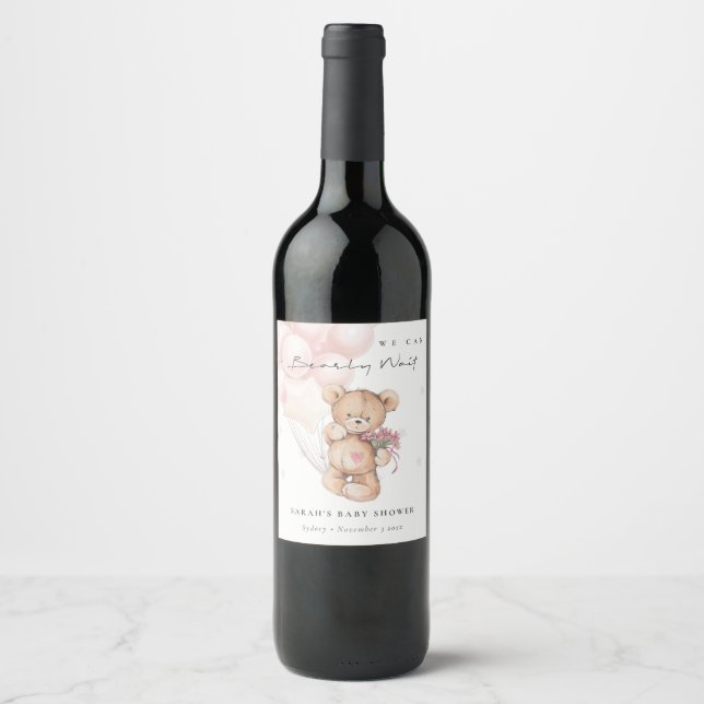 Cute Blush Bearly Wait Bear Balloon Baby Shower Wine Label (Front)