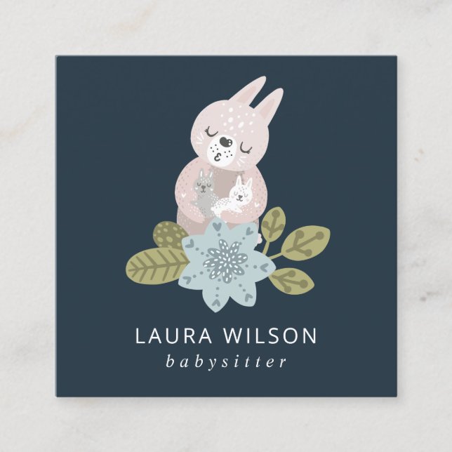 CUTE BLUSH BLUE NAVY SCANDI FLORAL BEAR HUG NANNY SQUARE BUSINESS CARD (Front)