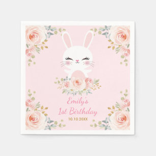 Cute Blush Bunny Rabbit Floral Birthday Party Napkin
