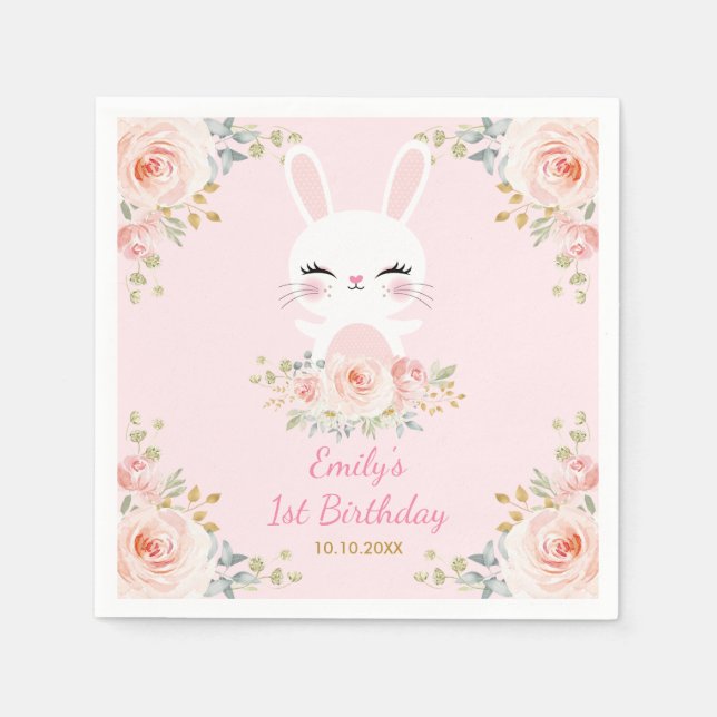 Cute Blush Bunny Rabbit Floral Birthday Party Napkin (Front)