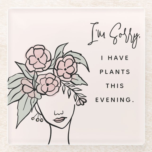 Cute Blush Busy with My Plants Floral Portrait Glass Coaster (Front)