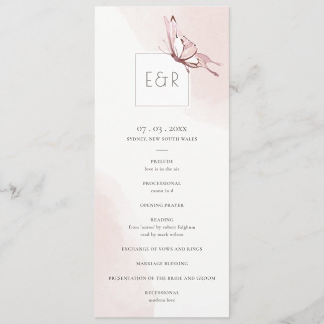 CUTE BLUSH BUTTERFLY WEDDING CEREMONY PROGRAM (Front)