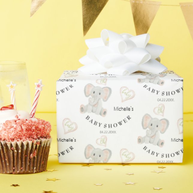 Cute Blush Elephant Watercolor Illustration Wrapping Paper (Birthday Party)