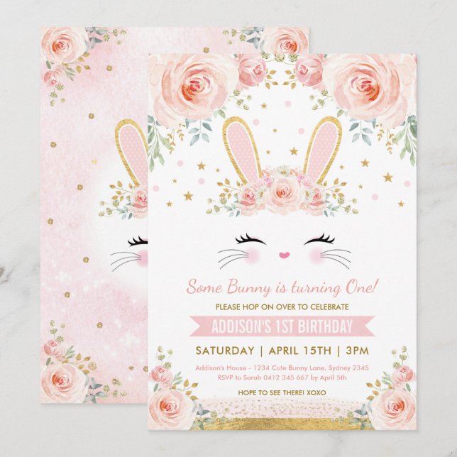 Cute Blush Floral Bunny Rabbit Birthday Party Invitation (Front/Back)