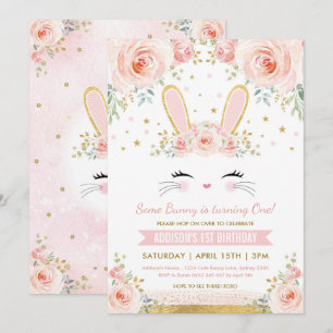 Cute Blush Floral Bunny Rabbit Birthday Party Invitation