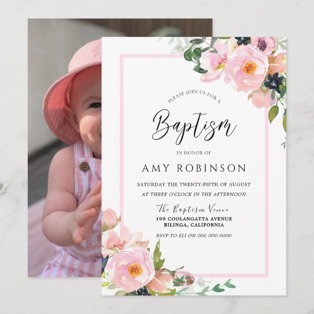 Cute Blush Flowers Girls Photo Picture Baptism Invitation (Front/Back)