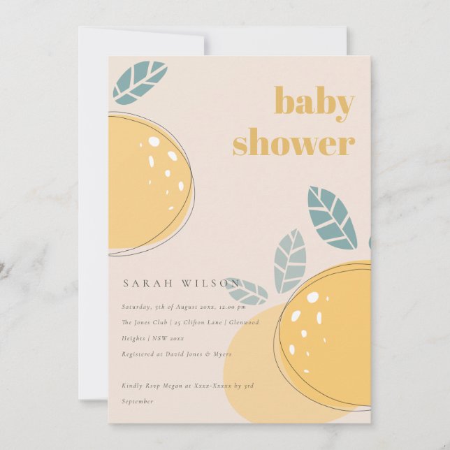 Cute Blush Peach Lemon Fruity Bold Baby Shower Invitation (Front)