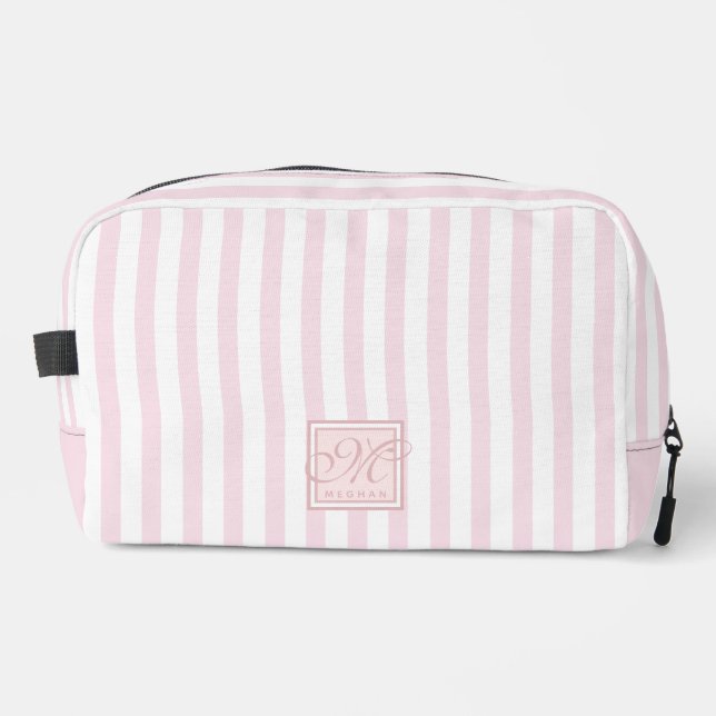 Cute Blush Pink and White Stripes - Monogrammed Dopp Kit (Front)