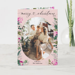 Cute Blush Pink Berries Greenery Photo Christmas Card