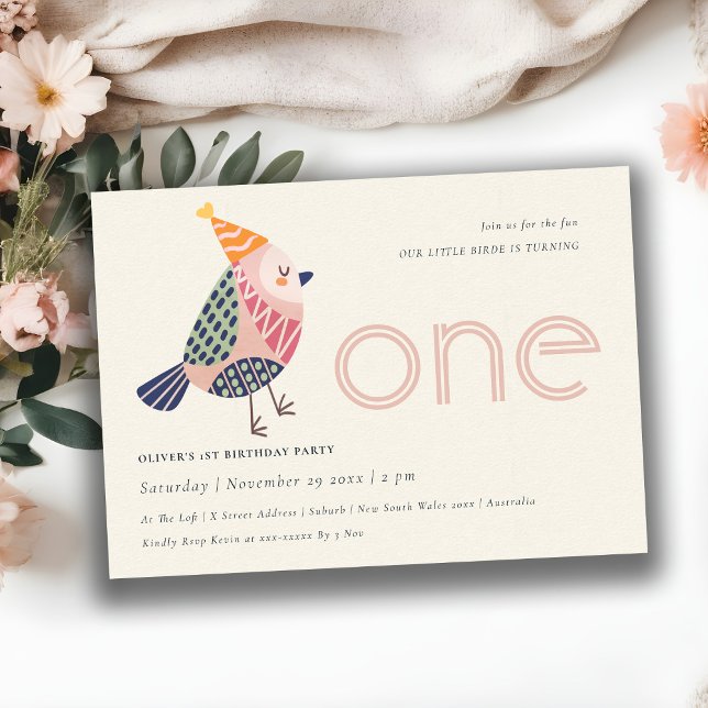 Cute Blush Pink Birdie Any Age 1st Birthday Invite (Creator Uploaded)