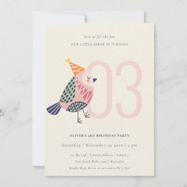 Cute Blush Pink Birdie Any Age 3rd Birthday Invitation (Front)