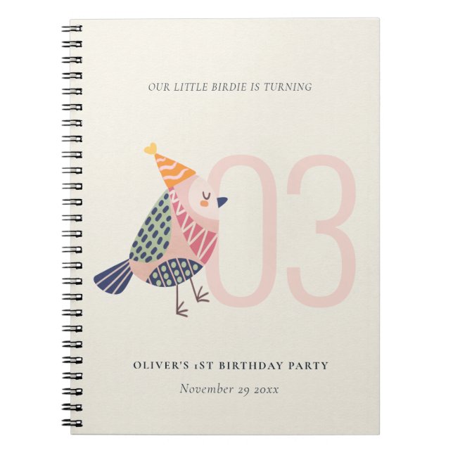 Cute Blush Pink Boho Birdie Any Age Birthday Notebook (Front)