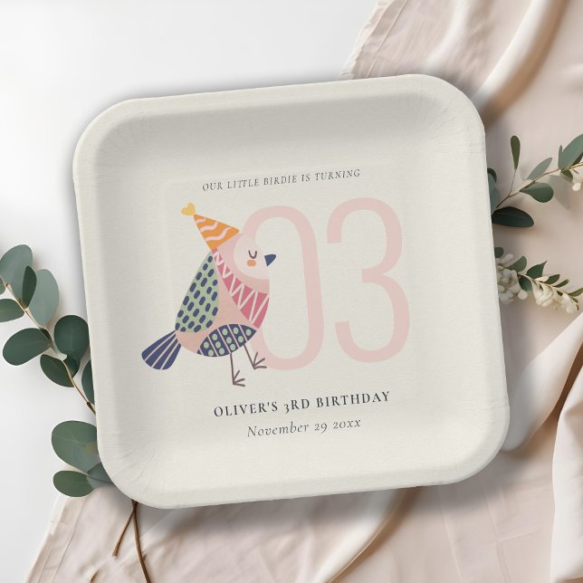 Cute Blush Pink Boho Birdie Any Age Birthday Paper Plate (Creator Uploaded)